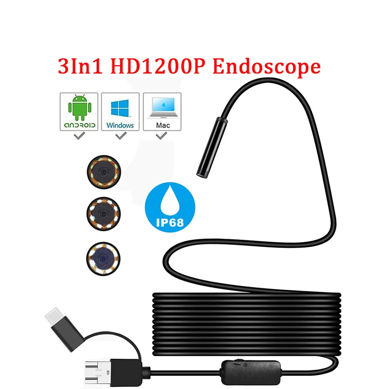 

Mini Camera Endoscope HD 1200P IP68 2M Hard Flexible Tube Mirco USB Type-C Borescope Video Inspection for Android Car Endoscope