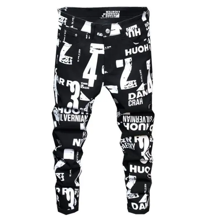 Digital printing pants men's jeans slim flower pants штаны мужские stretch feet black casual trousers new European