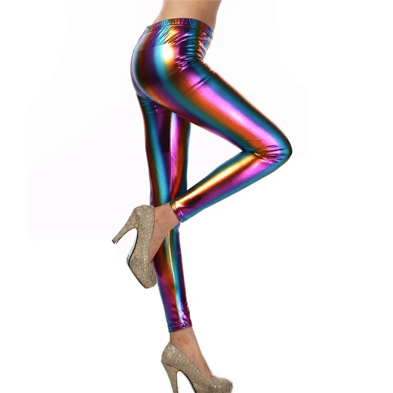 Glitter Holographic Pu Long Pants Rainbow Color Striped Elastic Pencil Pants Sexy Women Skinny Trousers Streetwear Fall