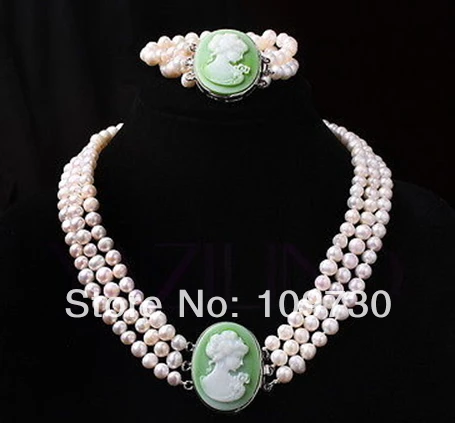 Jewelry 00611 handmade carved queen portrait pendant fresh water 9mm pearls necklace set (A0516) | Украшения и аксессуары