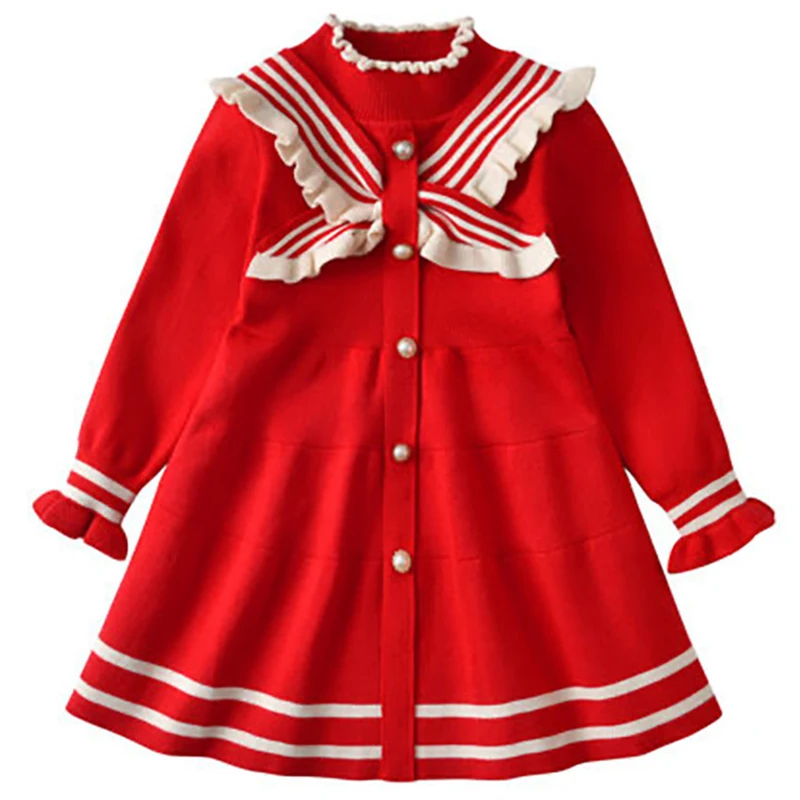 

Трикотажное платье для девочек, Трикотажное Шерстяное платье темно-синего цвета с длинным рукавом и бусинами на талии, весна-осень 2021