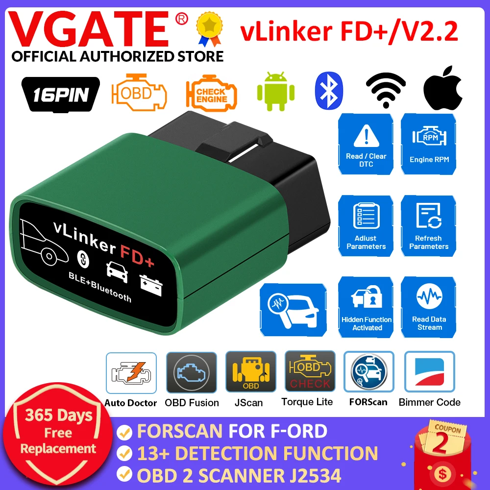 Vgate vLinker FD + ELM327 Bluetooth-совместимый 4,0 FORScan wifi OBD2 автомобильный диагностический OBD 2 сканер J2534 авто инструмент для Ford