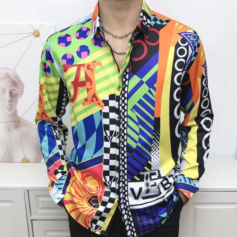 Цветная модная мужская рубашка с геометрическим узором Повседневная цветочным