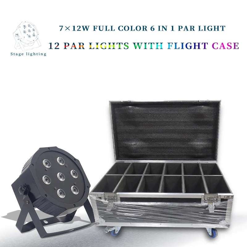 

12pcs /lots 7x12w led Par lights RGBW 4in1 flat par led dmx512 disco lights professional stage dj equipment with flight case