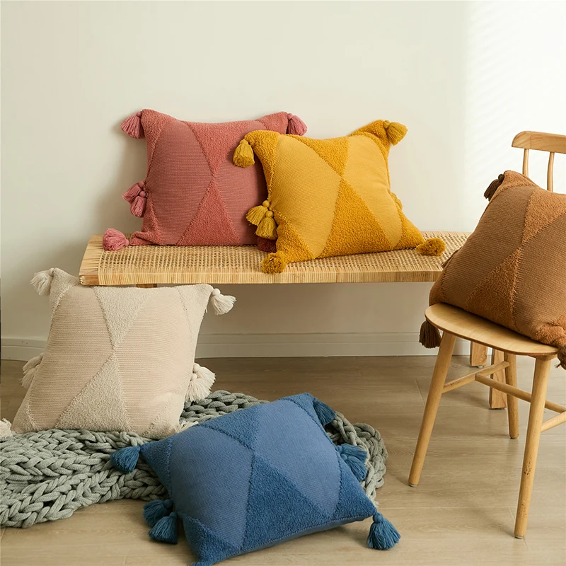 

Solid Cushion Cover Blue Mustard Yellow Ivory Pillow Case Soft Knitted 45cm*45cm Tassels for Home Decoration Sofa Bed