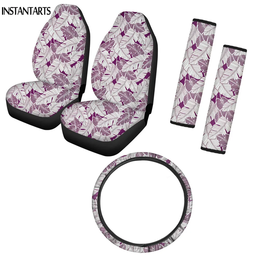 

INSTANTARTS Tropical Leaves Prints 5pcs Car Accessories Car Interior Seats Protector Fashion Steering Wheel Cover Seatbelt Cover