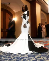 black white mermaid evening dress 2020 v neck long sleeves appliques lace evening gowns black girls formal prom gown party dress