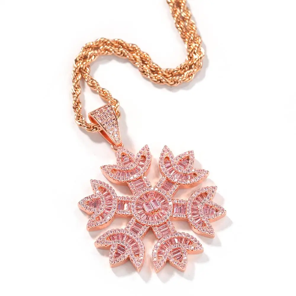 

All Pink CZ Stone Paved Bling Iced Out Rose Gold Snowflake Pendants Necklace for Women Men Unisex Hip Hop Rapper Jewelry