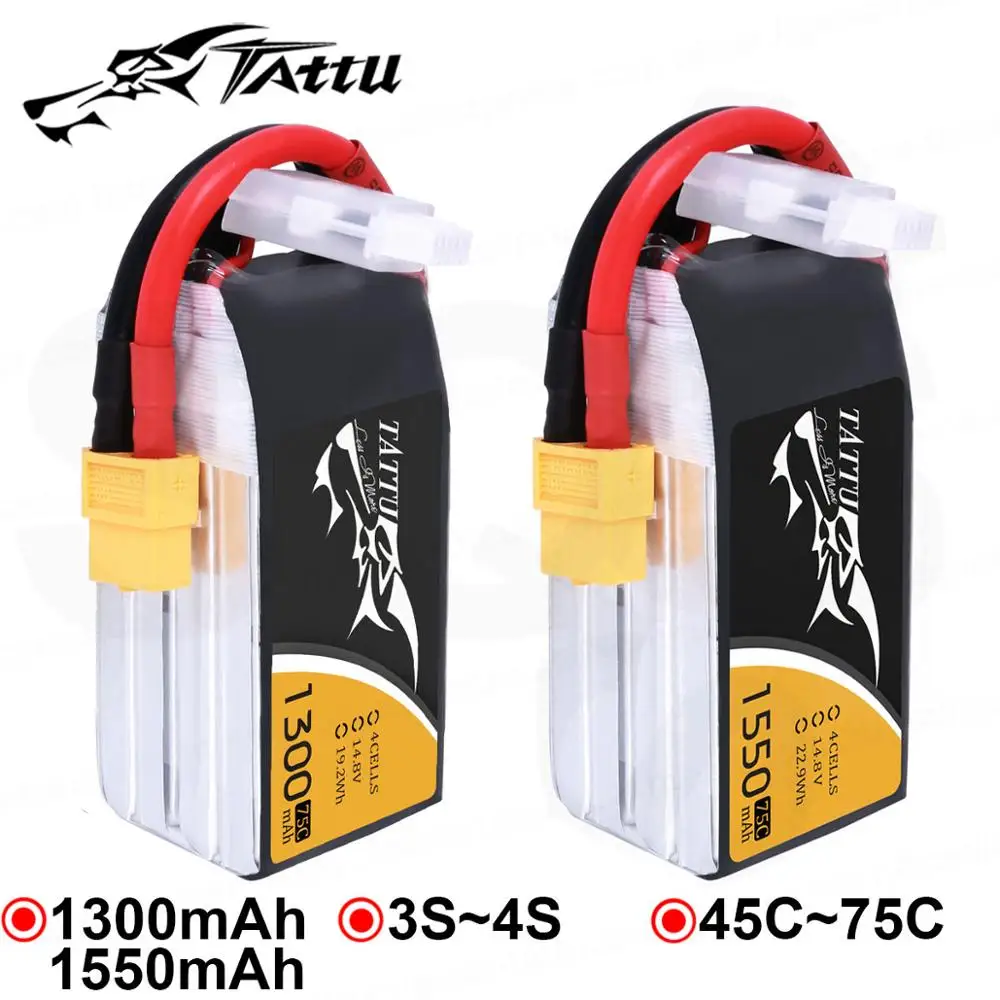 Литий полимерный аккумулятор Tattu 1300mAh 1550mAh Lipo 3S 4S 6s Racing Battery XT60 Plug 45C 75C Quadcopter FPV Drone RC