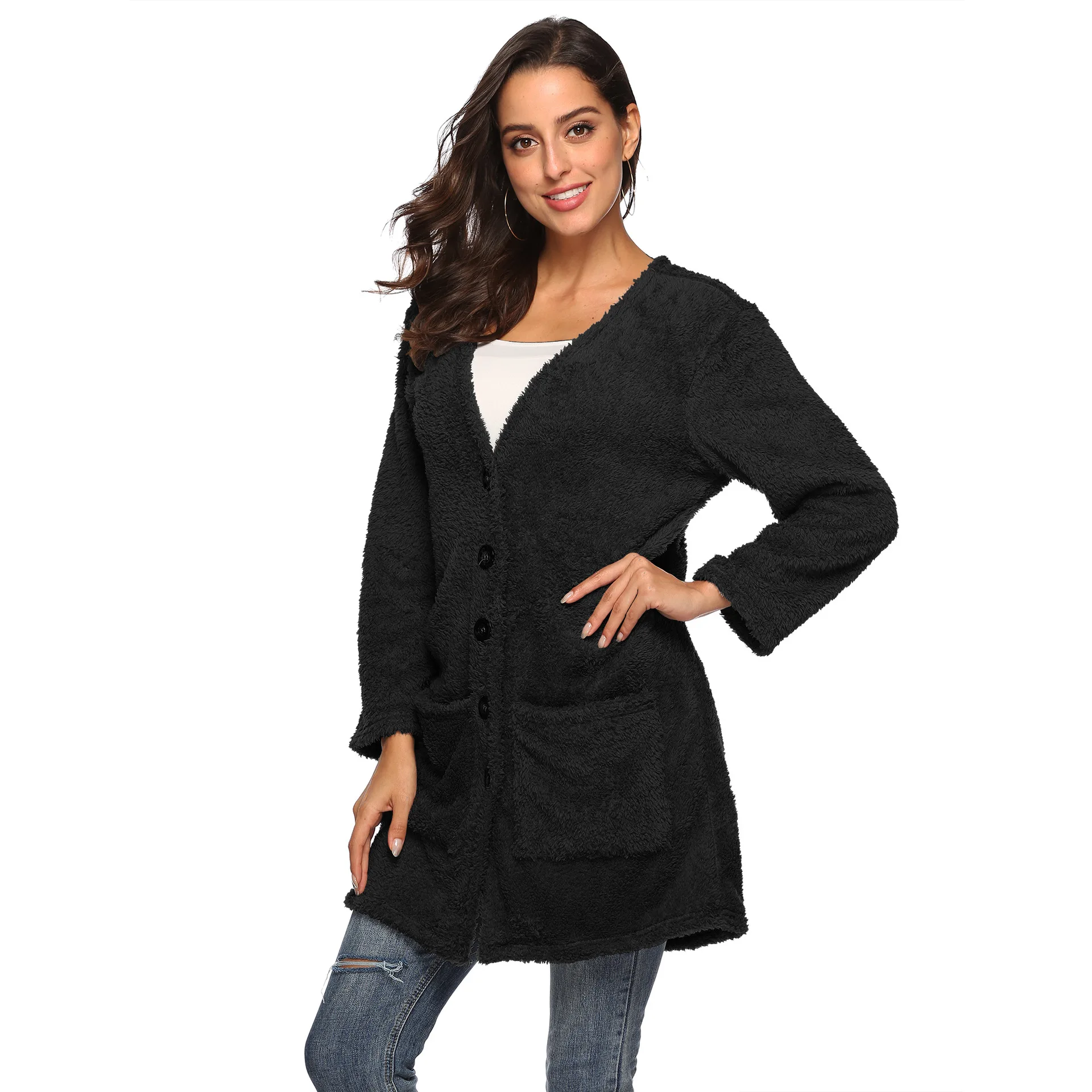 Женский Длинный флисовый кардиган оверсайз теплая верхняя одежда на осень и зиму