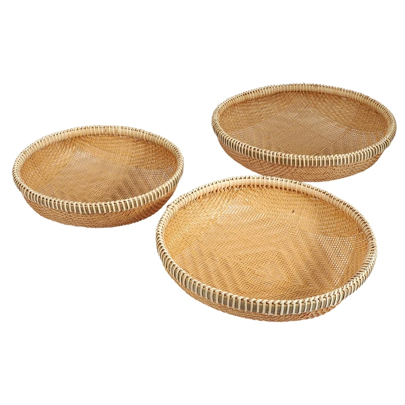 

3PCS Vietnam Hollow Dustpan Round Bamboo Basket Hand Woven Basket Fine Bamboo Woven Products White Rattan Edge