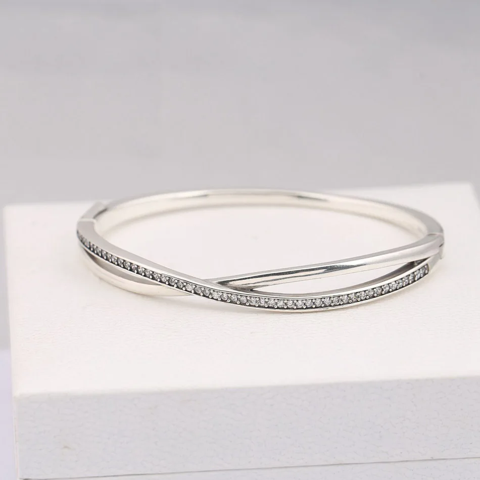 

Authentic S925 Sterling Silver Entwined Clear CZ Bangle Bracelet For Women Wedding Gift fit Lady Fine Jewelry