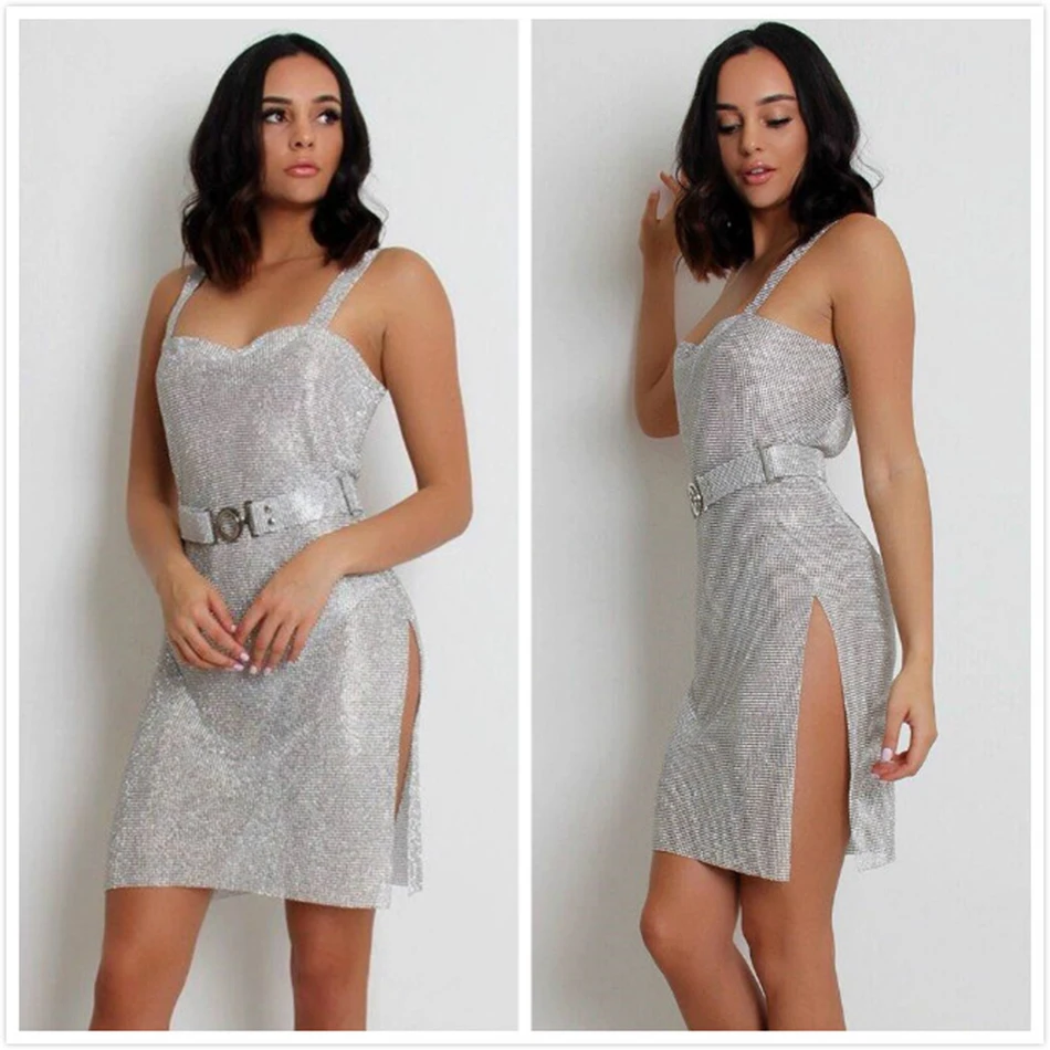 

UpAvonu 2020 Summer New Shiny Dress Silver Women's Club Celebrity Party Sexy Spaghetti Off Shoulder Split Mini Dress Vestidos