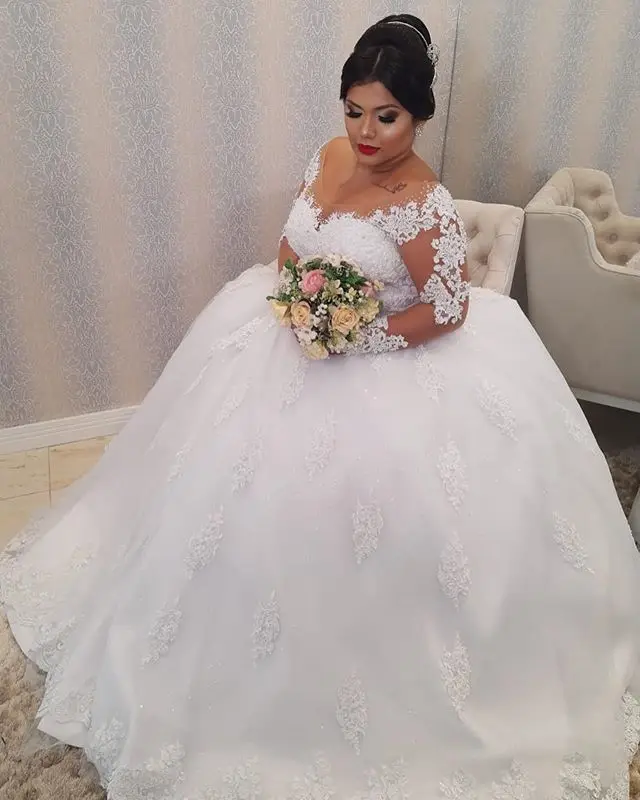 

Long Sleeves Tulle Ball Gown Wedding Dresses Fashion Appliques Court Train Vestidos De Noiva Formal Bride Wedding Gowns Lace-up