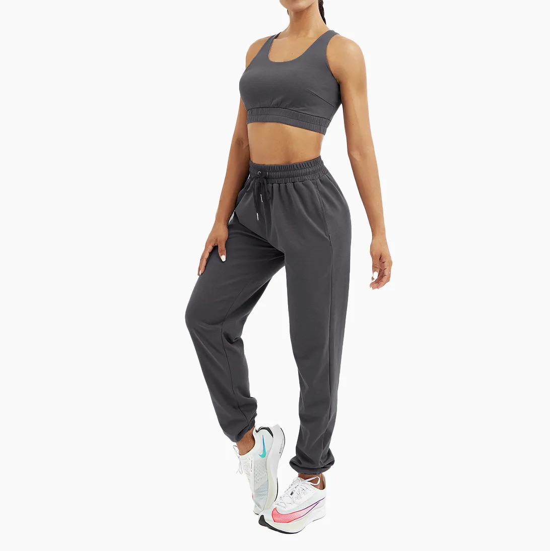 Women Sports Tracksuit Fitness Gym Set Jogger Pant Elastic Tie Waist Breathable Crop Top with Pad Bra Workout Legging Solid