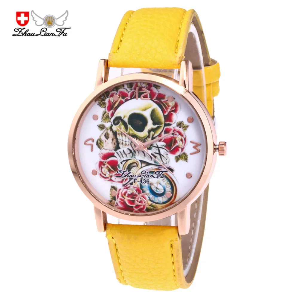 

Fashion Children Quartz Watch Ladies White Leather Strap Flower Skull Pattern Alloy Dial Kids Watches Women Gift Men Wrist Watch