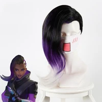 40cm anime game overwatch ow sombra wig 40cm black purple whtie ombre mix curly synthetic hair cosplay costume wigs