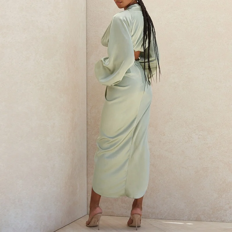 

Satin High Split Dress Sets Solid Long Sleeve V Neck Crop Top and Silk Sexy Long Skirt Two Piece Set Summer Women's Dress 2021