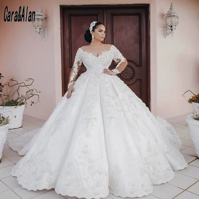 

Свадебные платья Cara & Alan большого размера для невесты, кружевная Цветочная аппликация с кристаллами, роскошный Арабский Дубай, принцесса, ис...