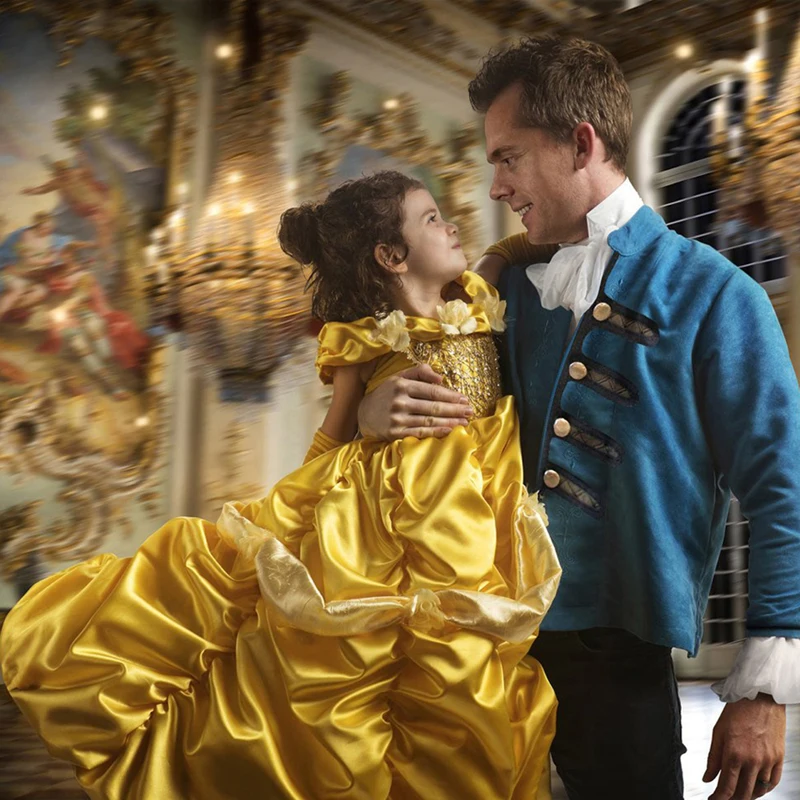 Belle Cosplay Dress Beauty and the Beast Kids Party Clothing Magic Stick Crown Gloves Children Princess Costume for Birthday JYF