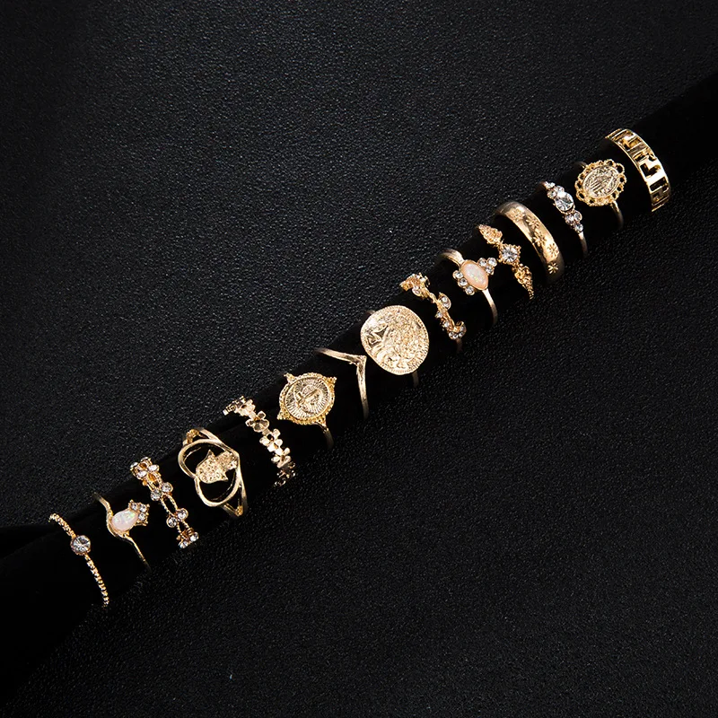 

15 Pcs/set Bohemian Retro Crystal Flower Leaves Hollow Lotus Gem Ring Set Women Wedding Anniversary Gift Christmas R5750