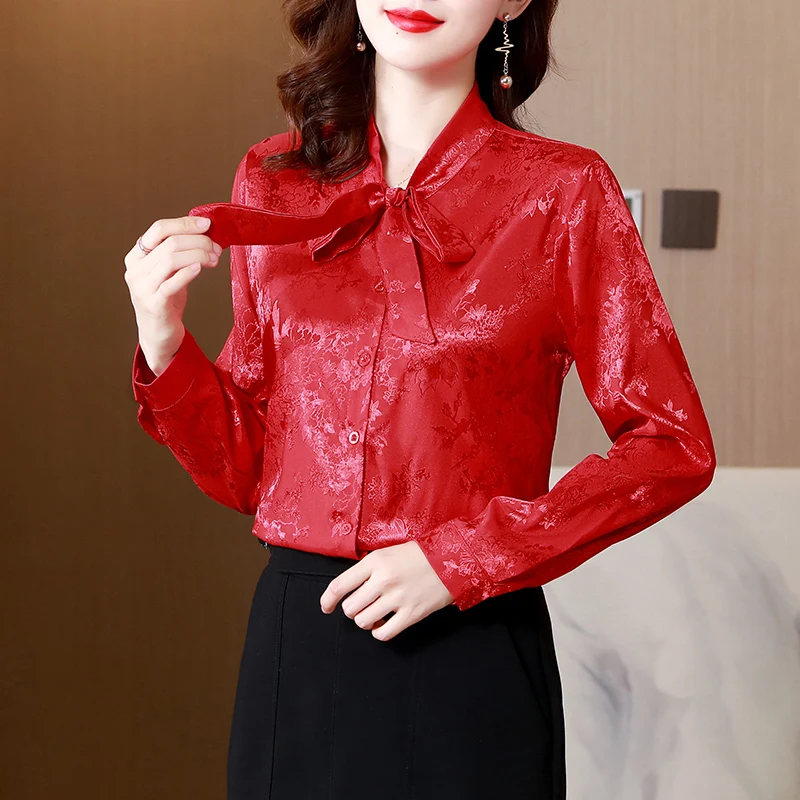 

Autumn Satin Women Shirt Temperament Printing Long-sleeve Silk Ladies Shirt Top Office Lady Button Up Shirt Camisas Para Mujer