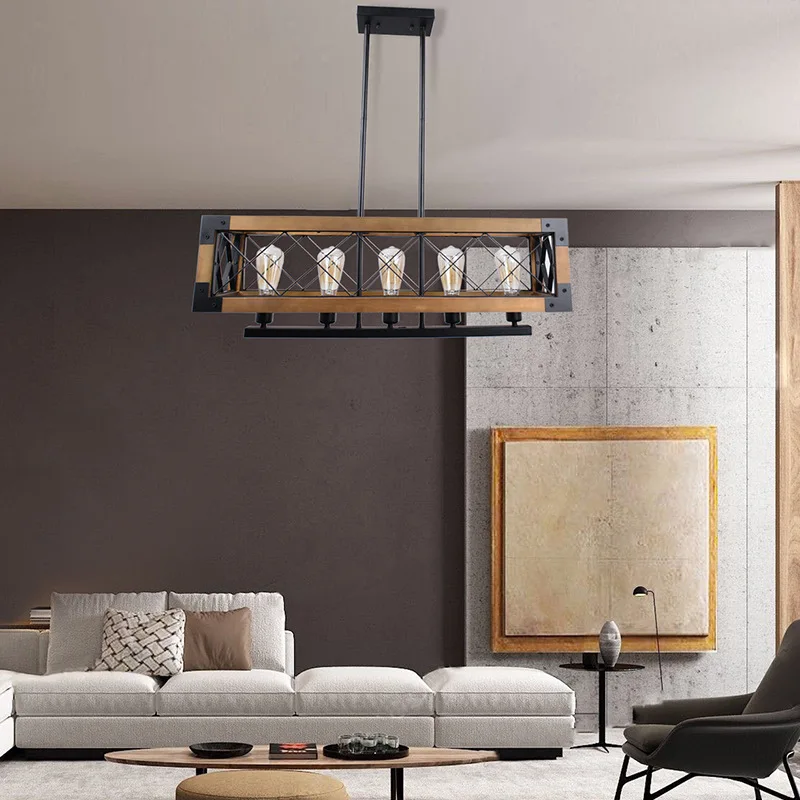 Американская прямоугольная деревянная люстра в стиле ретро креативный фонарь