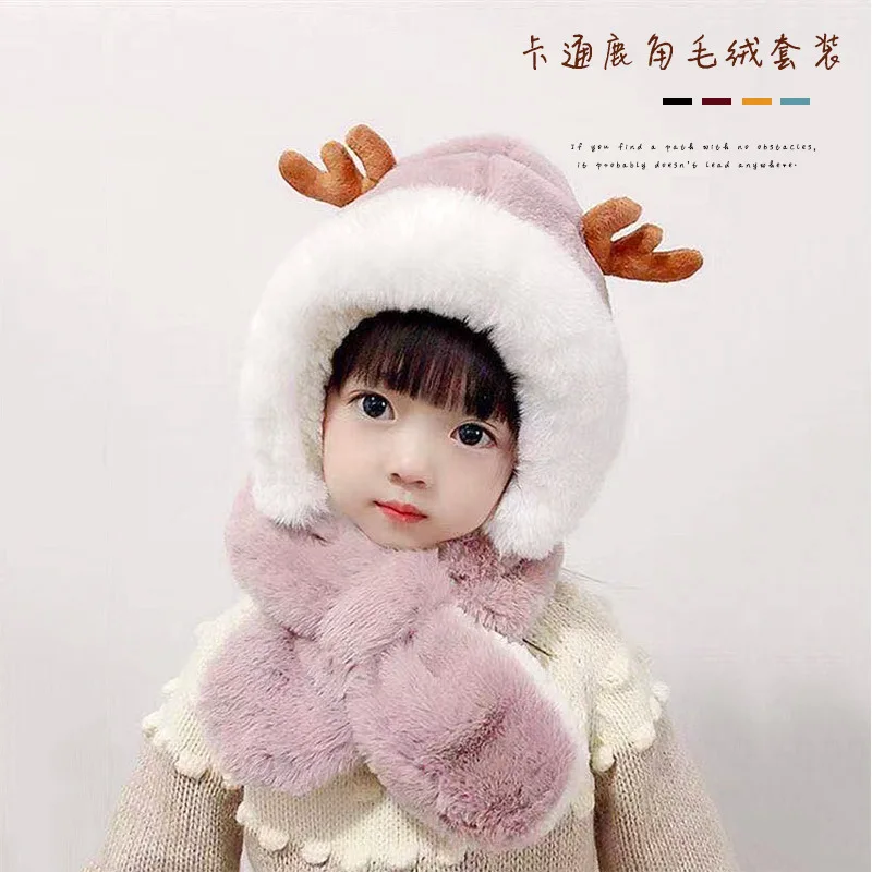 

Cute Antler Hat Scarf Autumn And Winter New Boys Wool Knitted Ear Caps Rabbit Fur Warmth Thickening Plush Bib Hat Women Hood