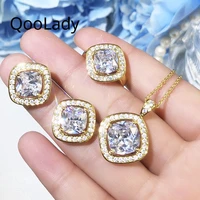 qoolady new designer jewelry white princess cut cubic zircon stone gold color pendant necklace earring ring sets for women s072