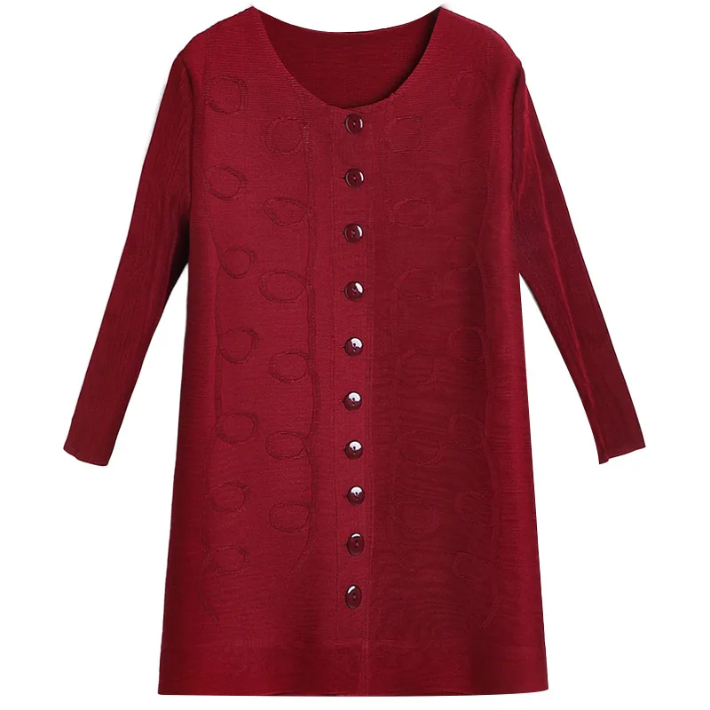 

Pleated O-neck 3/4 Sleeve Dark Pattern Single Row Ten Buttons Medium Length Cardigan Solid Color Spring And Autumn Coat