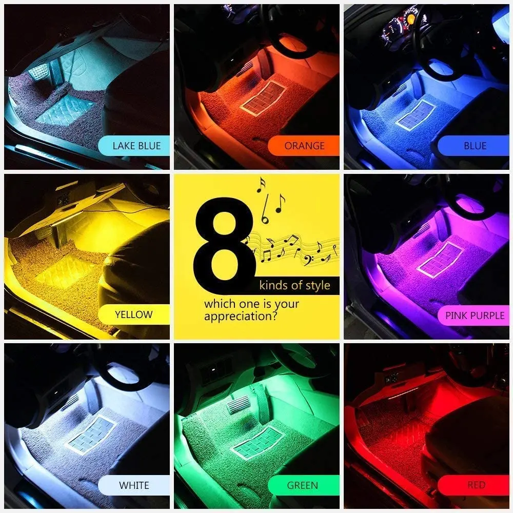 

Car Interior Led Lights,4pcs 18 LED DC12V Multicolor Music Car LED Strip Light Under Dash Lighting Kit Remote Control Cigarette