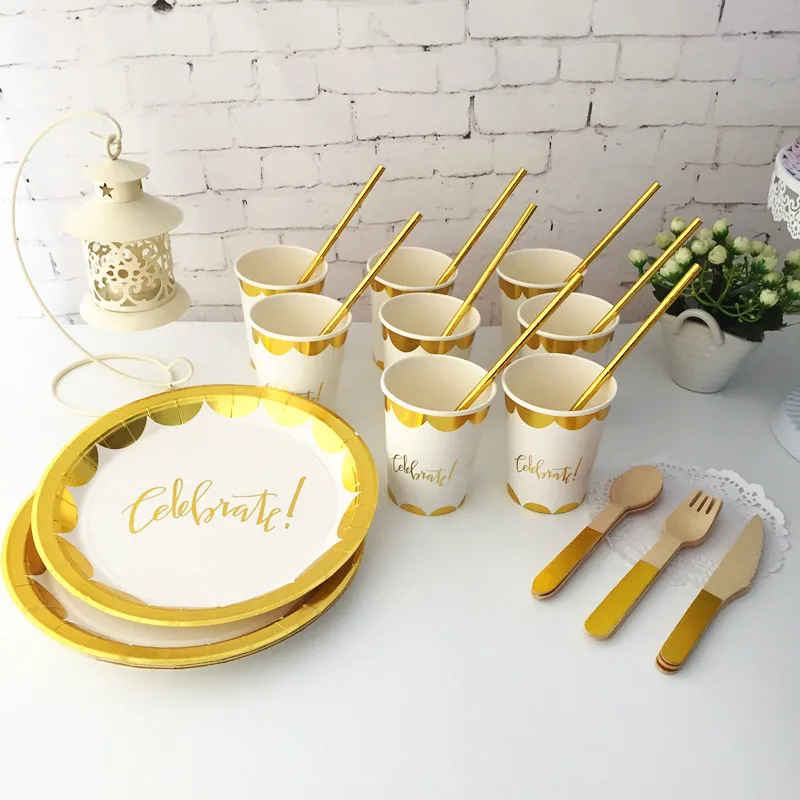 

24 People Gold Foil Paper Plates Cups Straws Cutlery Anniversary Wedding Decorations 1st Birthday Gender Neutral Party Celebrate