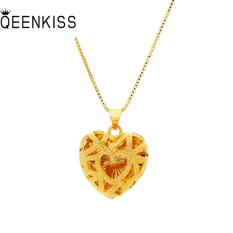 

QEENKISS PT587 Fine Jewelry Wholesale Fashion Woman Bride Birthday Wedding Gift Hollow Heart 24KT Gold Pendant Charm NO CHAIN