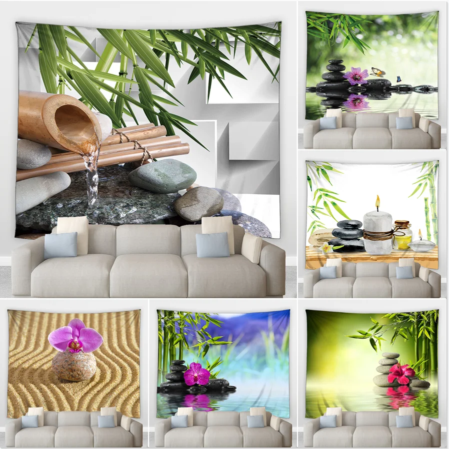 

Beach Zen Stone Big Tapestry White Purple Flowers Green Leaves Plant Bamboo Wall Hanging Blanket Yoga Mat Picnic Mats Home Decor