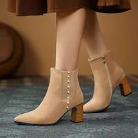 luxury women modern ankle chelsea boots high heels suede leather pearl botas mujer elegant botines winter warm zip shoes size 34