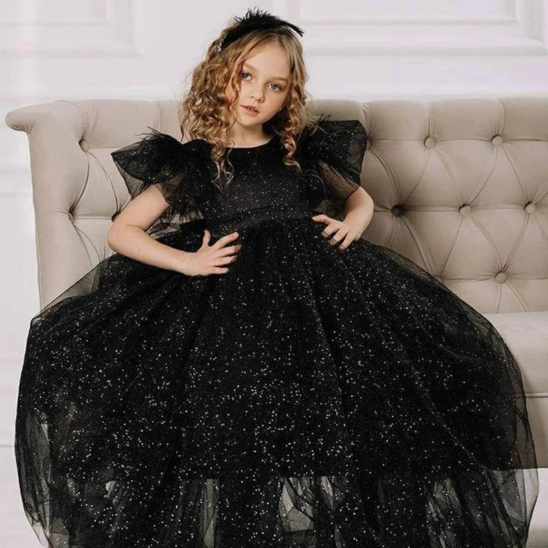 

Black Shiny Flower Girl Dresses Tulle Backless Feather Ball Gown Lilttle Kids Birthday Pageant Weddding Wears