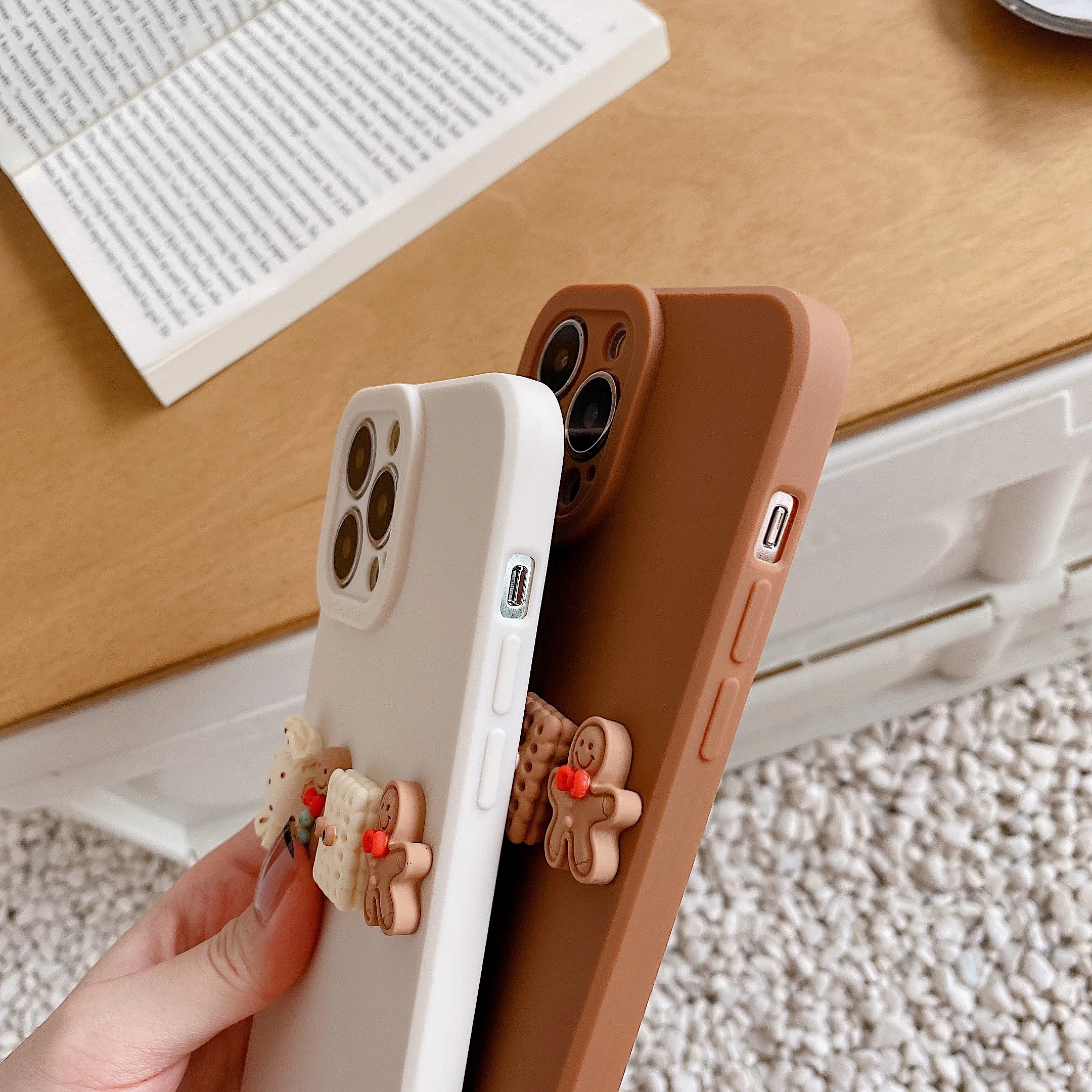 

3D Cute Cartoon Cookie Candy Man Case Solid Color Silky Skin Feel Silicone Back Cover