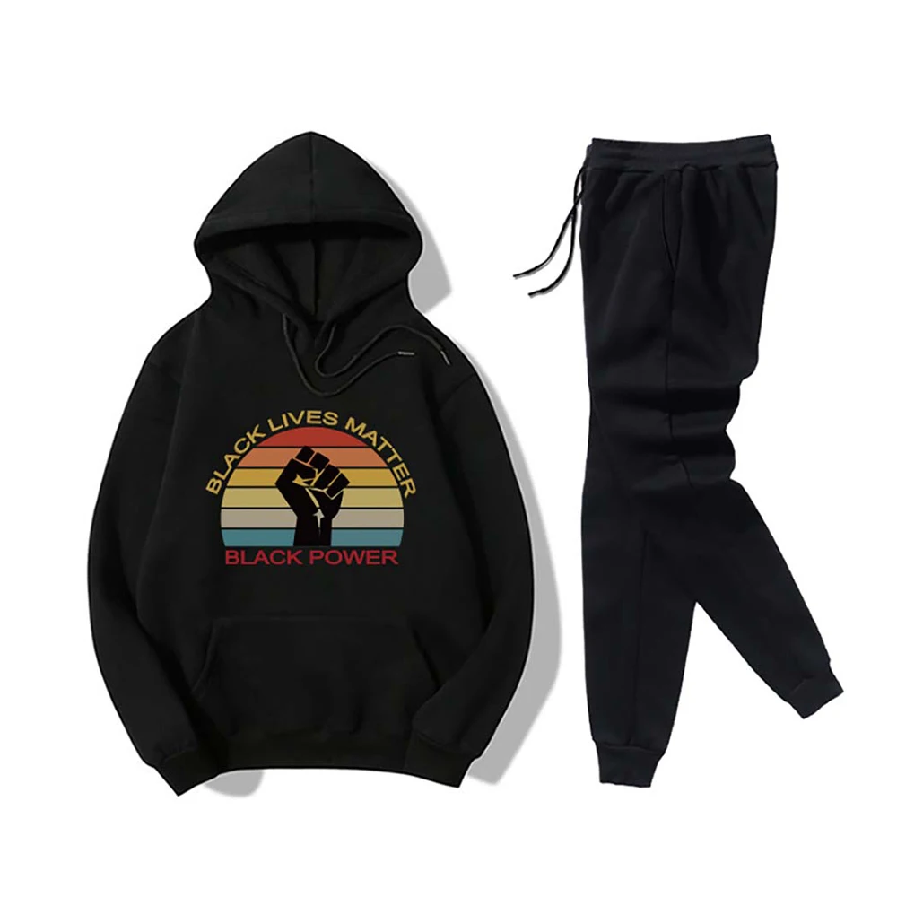 

Tracksuit Women Fist Letter Printed Two Piece Sport Set Pullover Hoodie and Black Pants Sportswear Suits