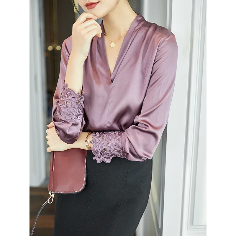 purple lace satin silk office blouse womens shirts and blouses 2020 summer elegant sexy boho long sleeve plus size palace loose