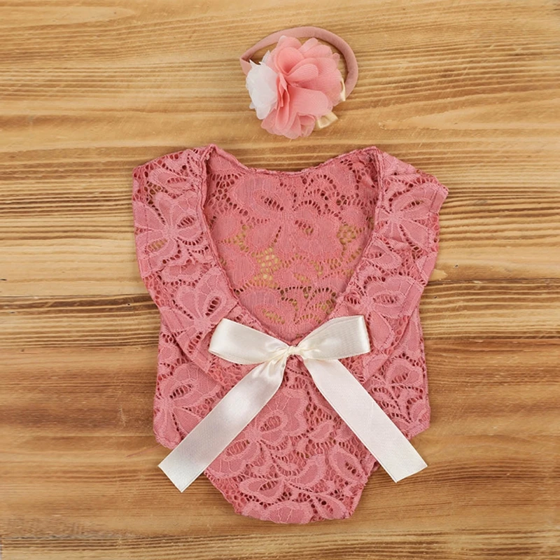 

P15B Baby Bow Lace Romper Headband Set Newborn Photography Props Bodysuit Hair Band