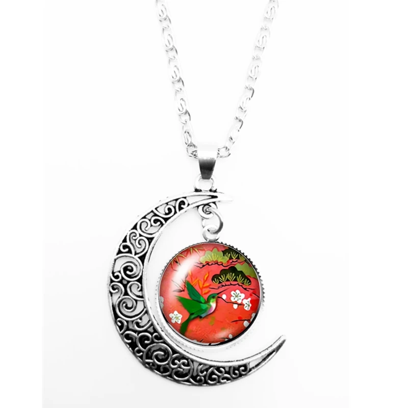 2020 New Cartoon Cute Bird and Flower Pattern Series Glass Cabochon Pendant Moon Necklace Girl Jewelry Gift | Украшения и