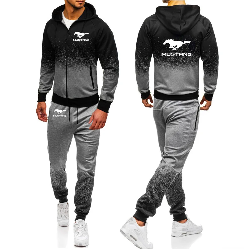 

2021 Hoodies Men Mustang Car Logo Print Casual Harajuku Gradient color Hooded Fleece zipper Jacket Sweatshirt Sweatpants Suit