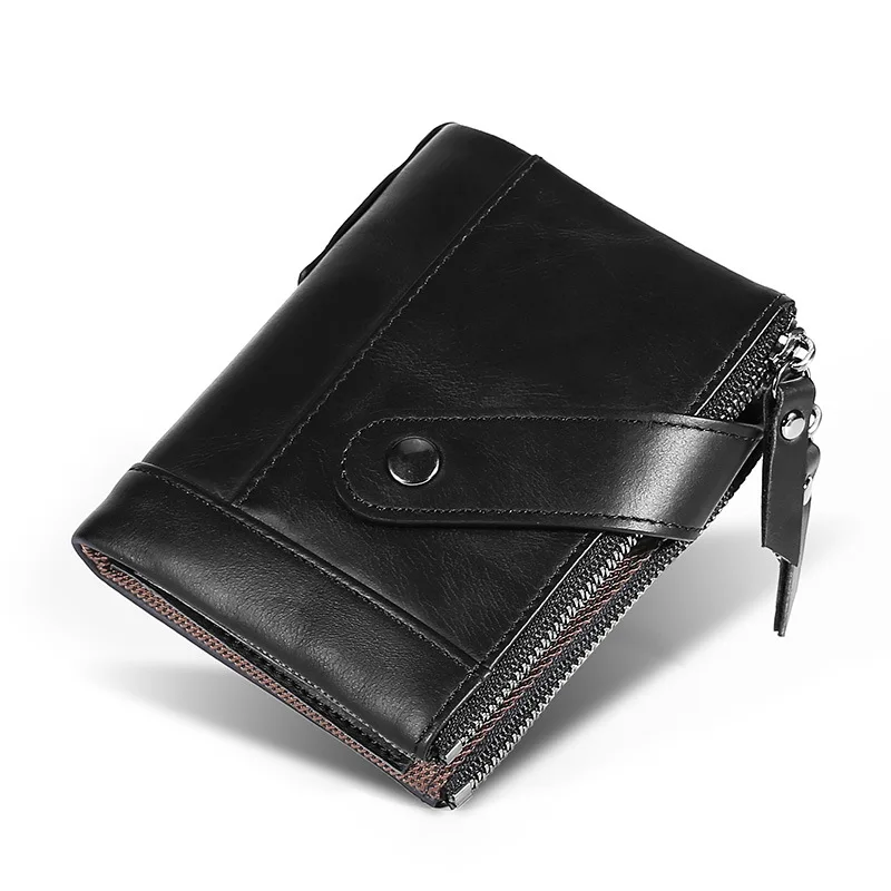 

2020 Winter Double Zipper Short Men's Wallet, Leather Zipper Buckle, Anti-magnetic Change Coin Clutch, Oil Wax Leather Wallet
