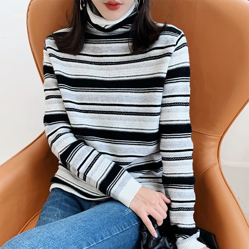 ATTYYWS New high collar ladies100% cashmere sweater long sleeve striped knit pullover soft warm fashion trend winter | Женская одежда