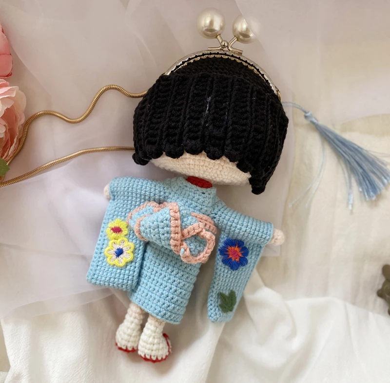 Knitting Dolls Kid Kimono girl Crochet Yarn Toys finished Knit Fabric Toy Knitted Bag Handmade Inclined shoulder bag | Игрушки и хобби