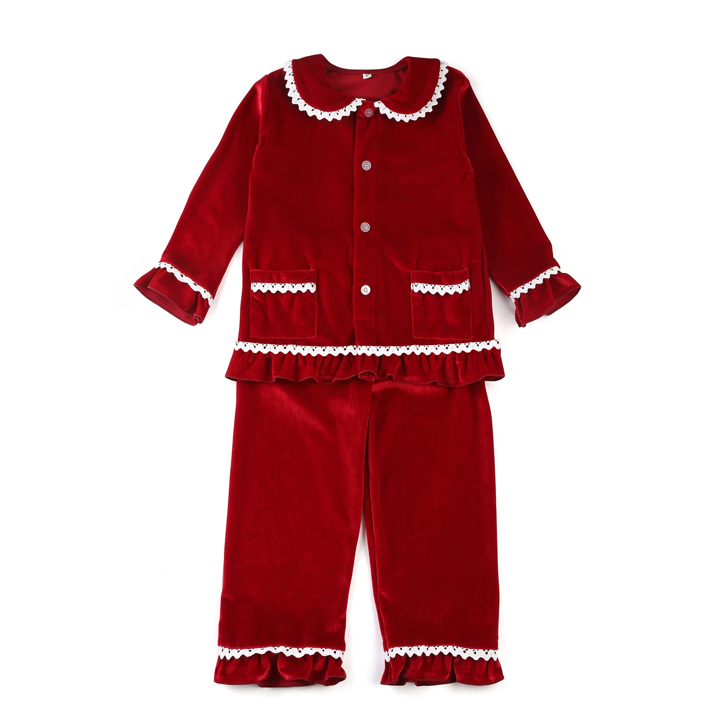 

New Arrival Baby Fashion Ruffle Christmas Pyjamas Toddler Girls Lace Homewear Two Piece Sets Red Sleepwear