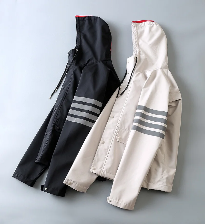 

TB 2021 Fashion Brand Jacket Men Cardigans Clothing Autumn Winter Hooded Reflective Stripe Waterproof Casual Coat With Nood