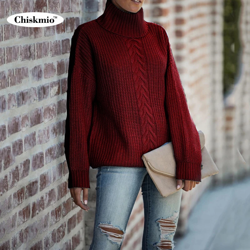 

Chiskmio Turtleneck Sweater Women Knitted Pullover Loose Jumper Woman Knitwear Tops Pure Color knitting Sweater Autumn