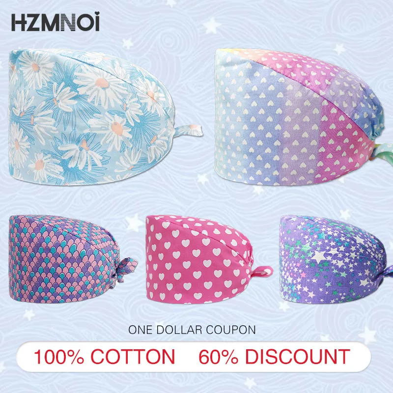 

Fashion Color Printing Nurse Cap Breathable Surgeon Surgical Cap Dentist Cap Kitchen Laboratory Work Cap Beauty Salon Scrub Cap