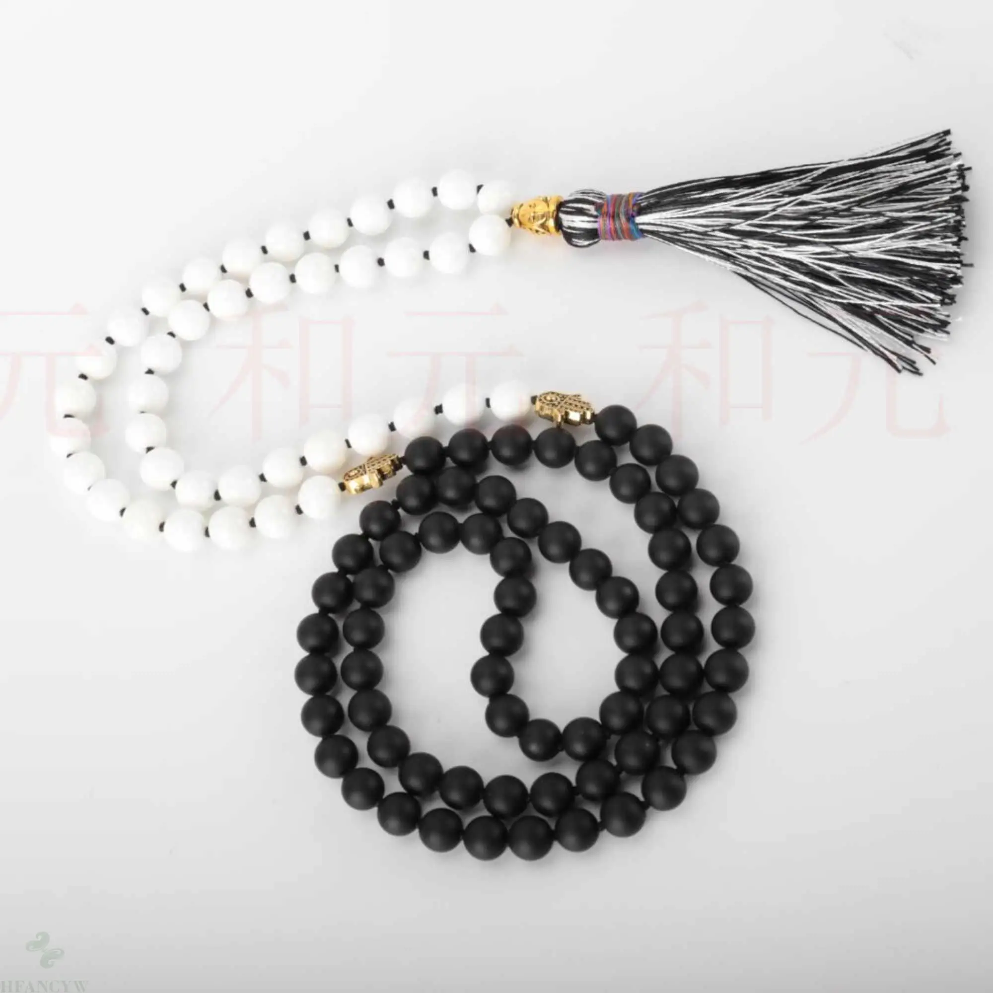 

8mm 108 Knot Natural black white agate beads necklace Practice Chain Seven Chakras Cuff Fancy Bohemia Blessing Handmade Mental